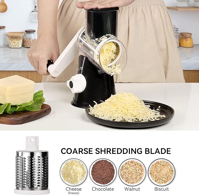 Rotary Cheese Grater Vegetable Shredder with Handle Round Kitchen Mandoline Slicer Grater for Nuts, Vegetable, Chocolate, Chesse - Black - 3 Replaceabe Stainless Steel Blades