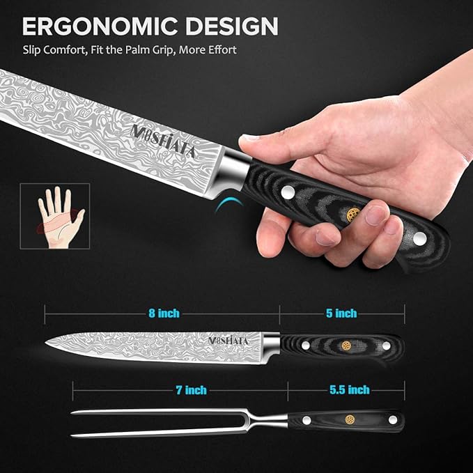 MOSFiATA 8" Carving Knife & 7" Fork Set - Premium Meat Cutting Knife, German High Carbon Stainless Steel EN.4116 BBQ Knives for Slicing Meats, Fruits & Vegetables
