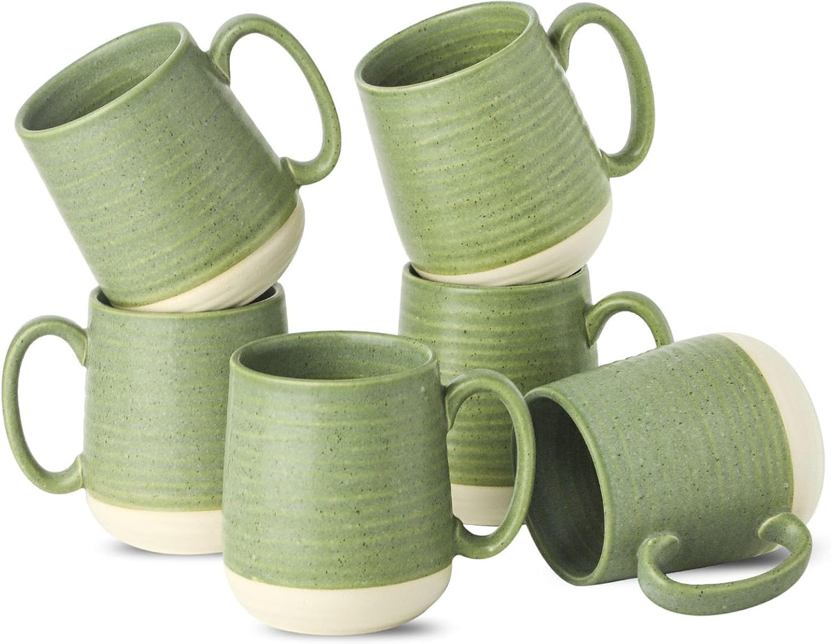 Hasense Stoneware Coffee Mugs Set of 6, 15 Oz Large Coffee Cups with Handle, Tea Mugs for Men and Women, Modern Coffee Mug for Cappuccino, Milk, Cocoa, Microwave & Dishwasher Safe, Green