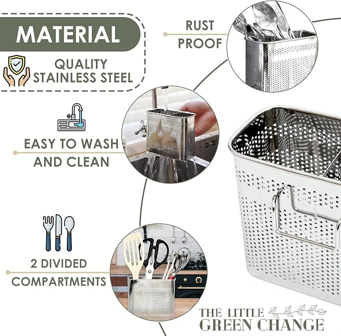 Kitchen Utensils Chopsticks Holder Drying Rack Basket with Hooks 2 Divided Compartments Quality Stainless Steel Large L5.4 X H4.3 X W2.6
