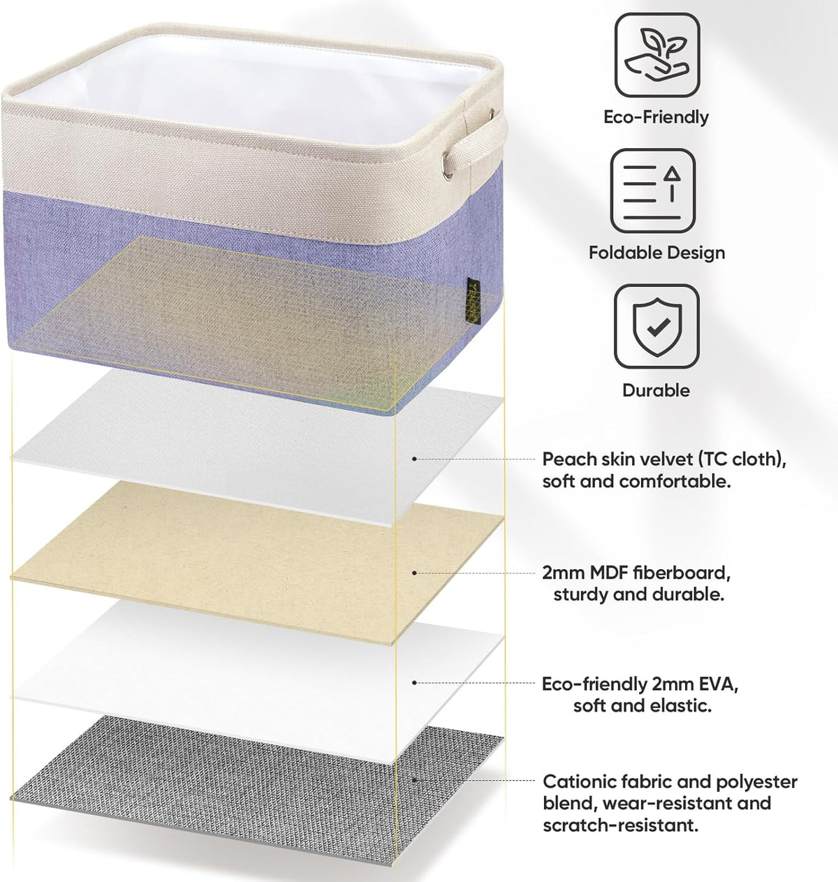 BALEINE 2 Pack Fabric Storage Bins for Shelves, Linen Storage Baskets for Organizing, Decorative Closet Bins for Clothes, Home (Lavender, 12"x8"x8")