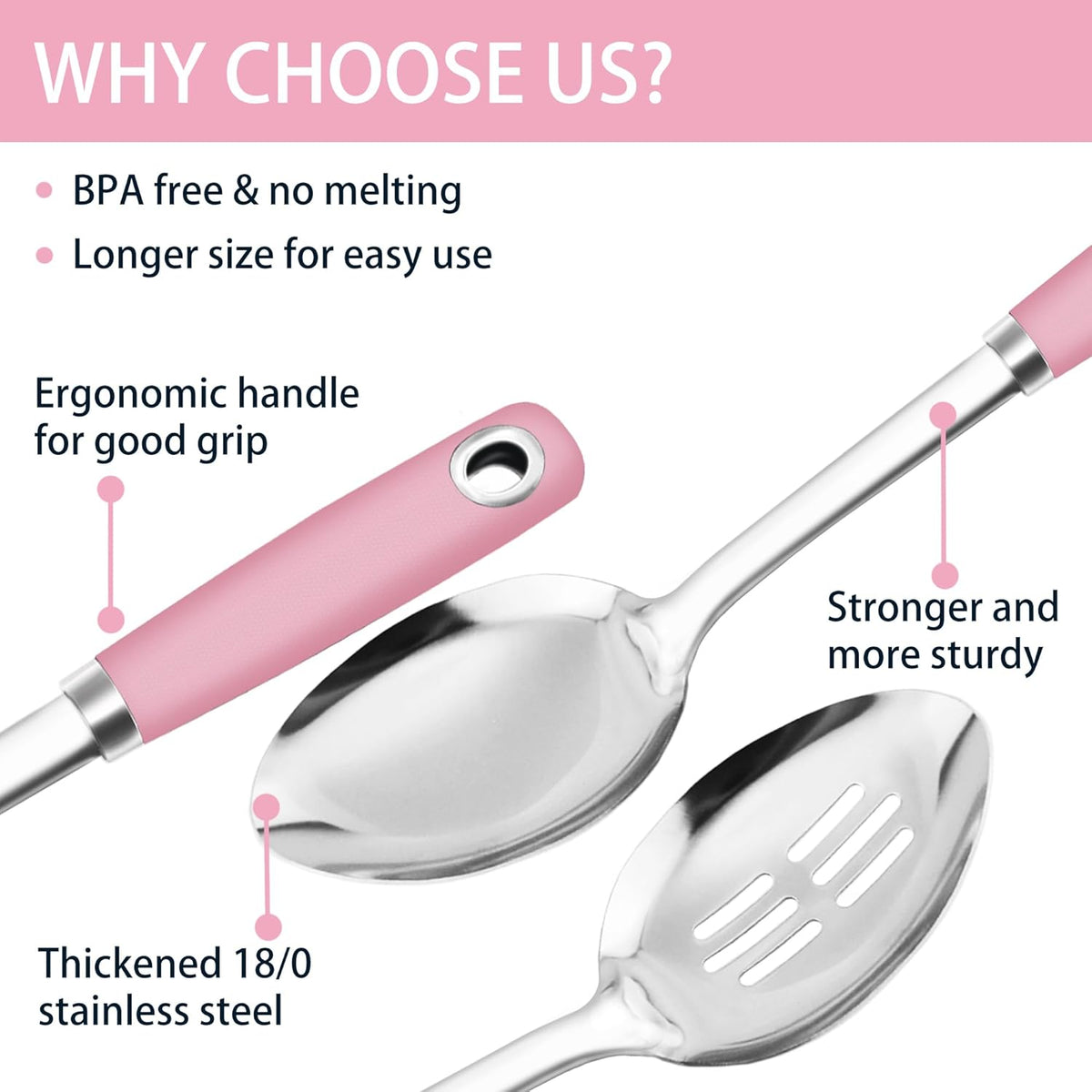 14-in Pink Cooking Spoons Set, Heavy Duty 18/0 Stainless Steel Large Serving Spoons Set, Slotted Spoon, Cooking Spoon & Soup Ladle, Commercial and Residential Use, Pack of 3