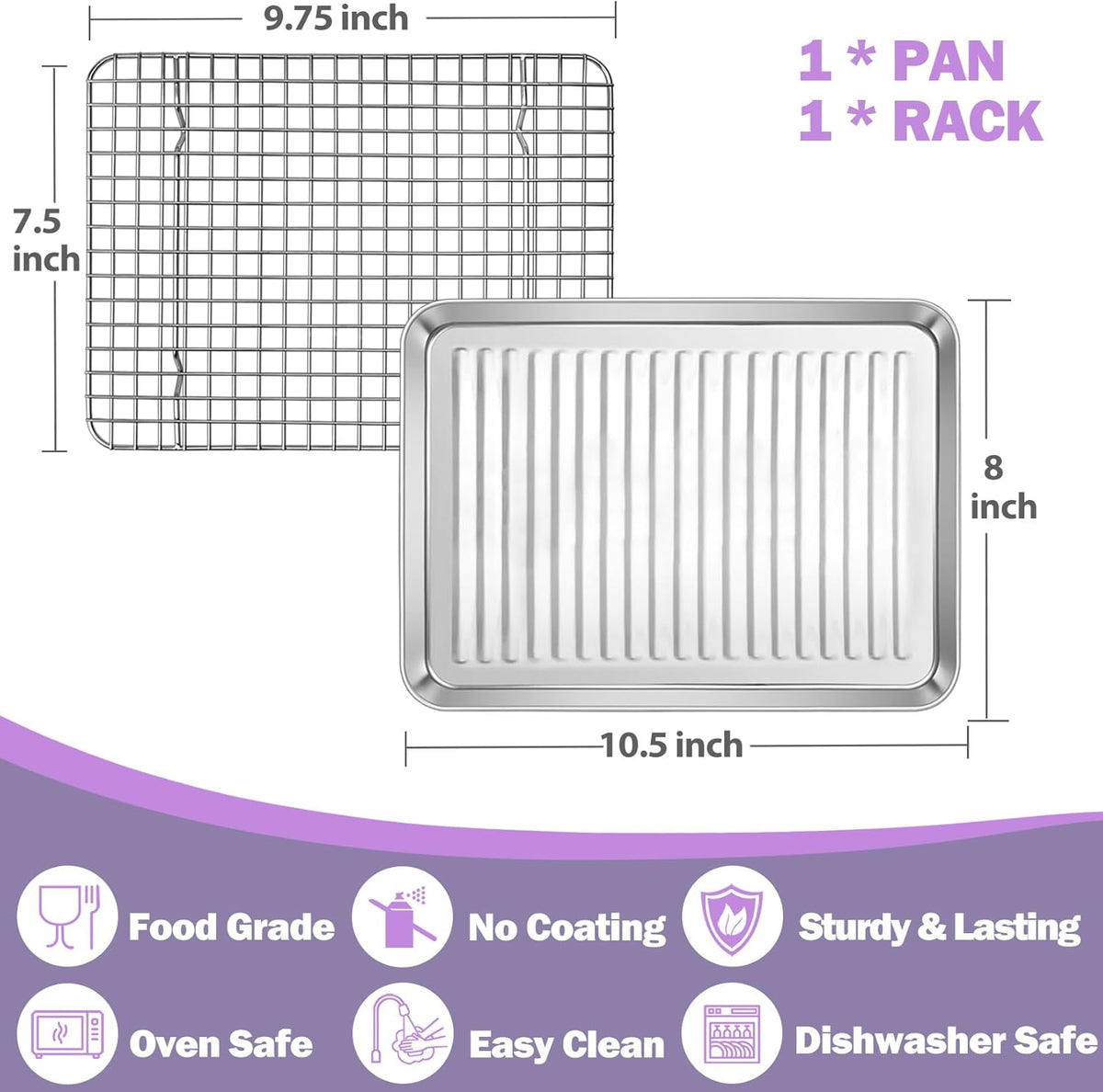 P&P CHEF Baking Oven Pan with Wire Rack, Stainless Steel Baking Oven Sheet Tray, Bacon Pan and Cooling Rack for Cooking Roasting Cookie, Dishwasher Safe & Easy Clean, 10.5 x 8 x 1 Inch