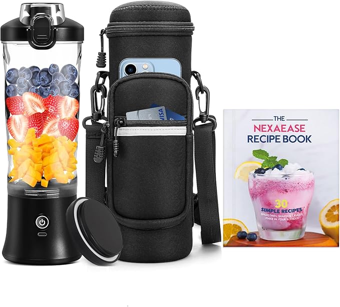 Portable Blender with Insulated Carrying Case & Recipe Book-20 OZ USB-C Rechargeable Personal Juicer for Smoothies & Protein Drinks, Mini Small Blender Cup with 6 Blades for Shakes, Travel Lid