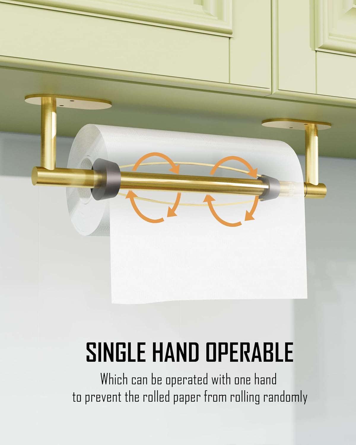 Paper Towel Holder Under Cabinet, Single Hand Operable Roll Holder with Damping Effect,No Drilling or Wall Mounted SUS304 Stainless Steel for Kitchen Bathroom (Brushed Gold)
