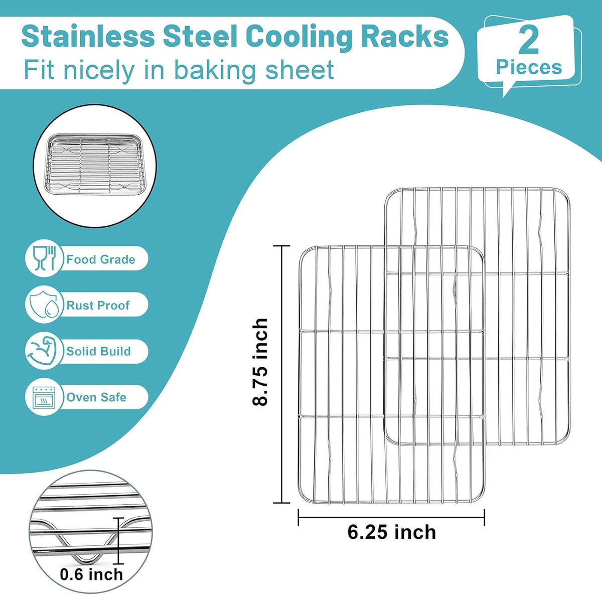 TeamFar Cooling Rack, 8.75” x 6.25” Stainless Steel Wire Baking Rack for Cooking Roasting Grilling, Fit for Oven Pan, Oven & Dishwasher Safe, Non-toxic & Heavy-Duty, 2PCS