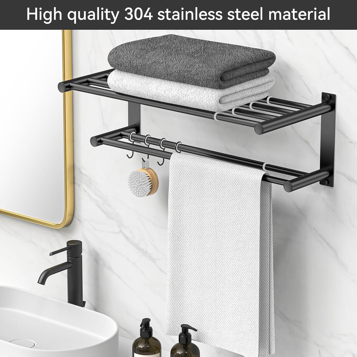 Adjustable Towel Bar for Bathroom Wall Mount17-30.7inch Adhesive Shower Towel Rack Stainless Steel Bath Towel Holders for Toilet Kitchen Double Towel Hanger (Black Mobile Hook Towel Rack)