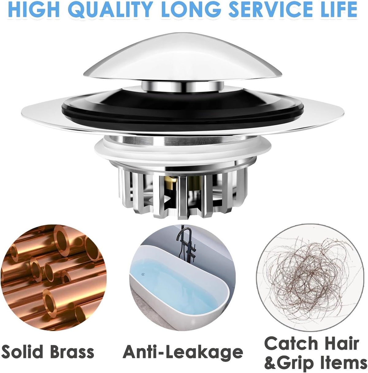 Bathtub Drain Stopper, Pop Up Tub Drain Hair Catcher, Bath Tub Drain Plug and Cover for 1.45-1.8in Drain Hole, Replaces Lift and Turn, Tip Toe or Trip Lever, Silver
