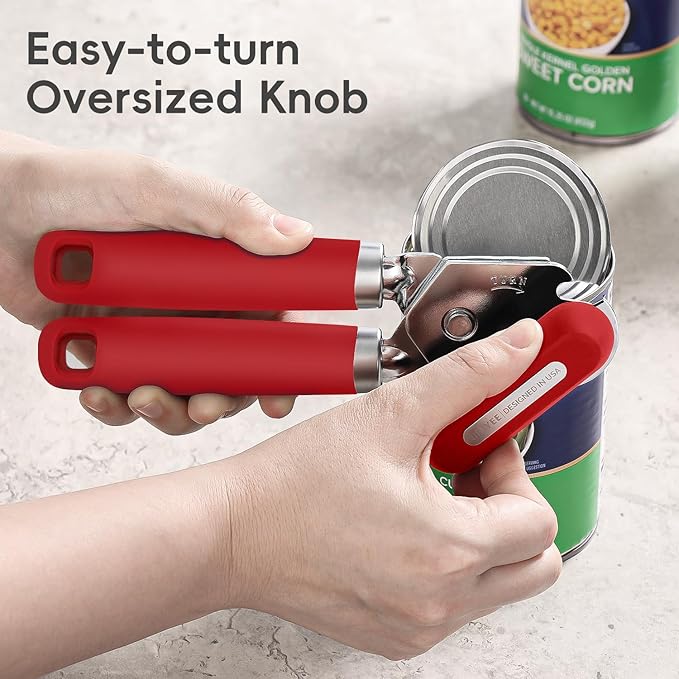 Can Opener Manual, UHIYEE Hand Held Manual Can Openers Heavy Duty with Smoother Cut Sharp Blade, Manual Hand Can Open with Soft Handle, Easy to Turn Knob, Magnetic Lid Lifter, Red