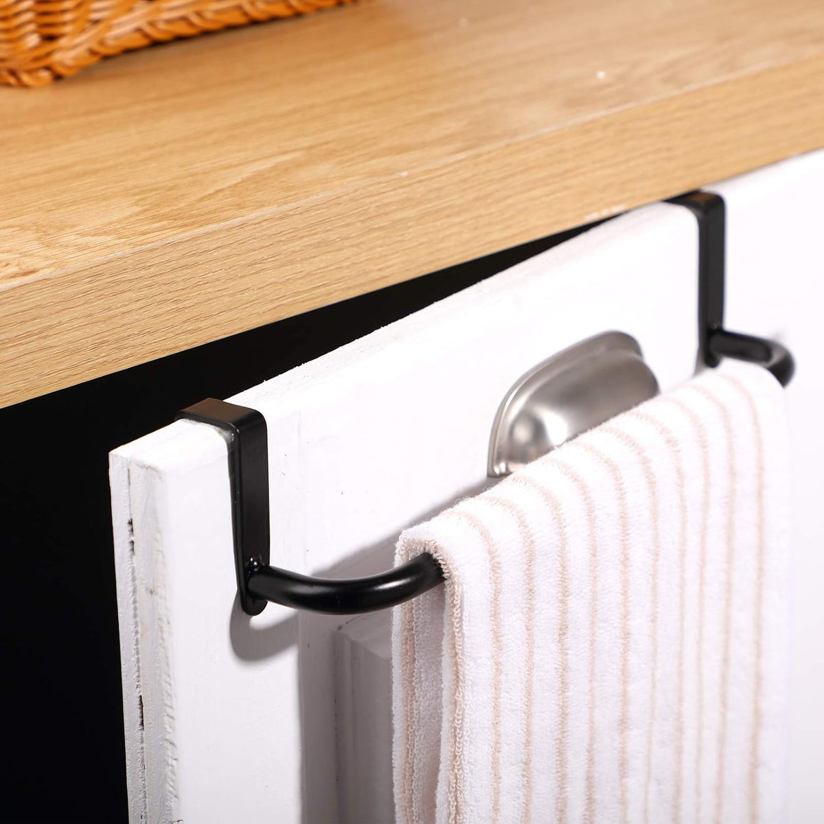 2 Pieces Metal Towel Bar Kitchen Cabinet Steel Towel Rack Bar for Hanging on Inside or Outside of Doors, Home Kitchen Bathroom(Black)