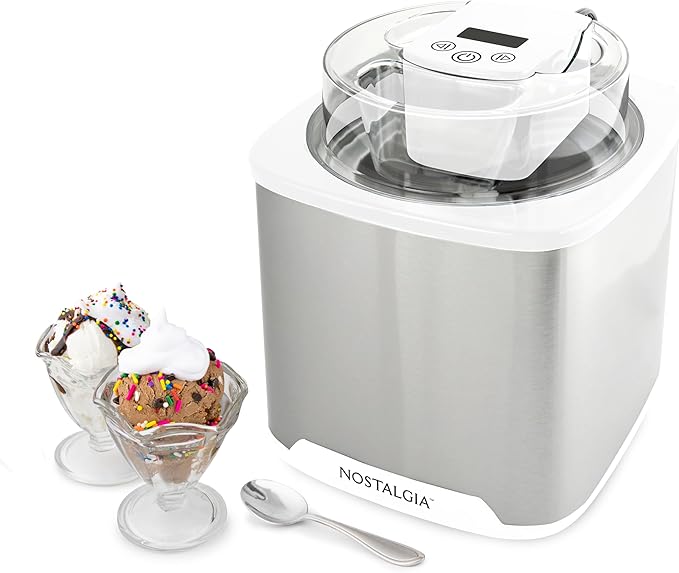 Nostalgia 2-Quart Electric Ice Cream Maker – Make Homemade Ice Cream, Gelato, Sorbet & Frozen Yogurt – No Salt/Ice Needed, Digital Controls, Mix-In Chute & Freezing Gel Canister – Stainless & White