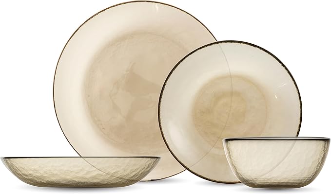 FORTESSA Los Cabos Tableware, 16-Piece Glass Dinnerware Set with 4 Dinner Plates, 4 Salad Plates, 4 Coupe Bowls and 4 Cereal Bowls, Dishwasher-Safe Glass Plate Set, Ginger Root