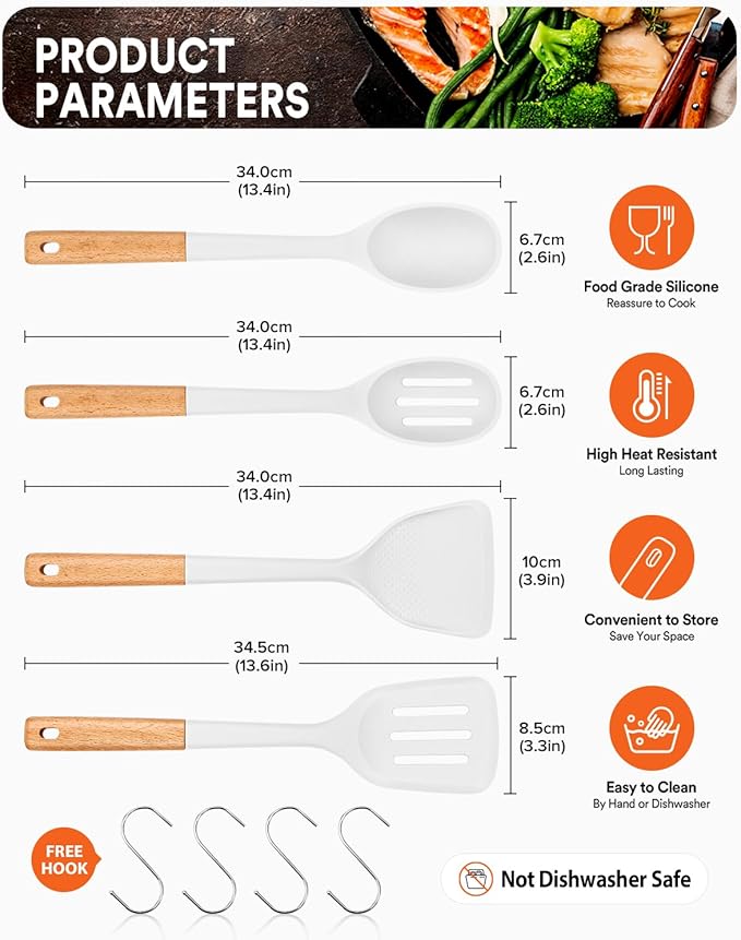 Silicone Cooking Utensils Set, Perfectly Angled for Frying, Mixing,Serving,Draining,Turning and Stirring, BPA-Free Matte Silicone, Wood Handles, Safe for Nonstick Cooking Surfaces,4 Pack (White)