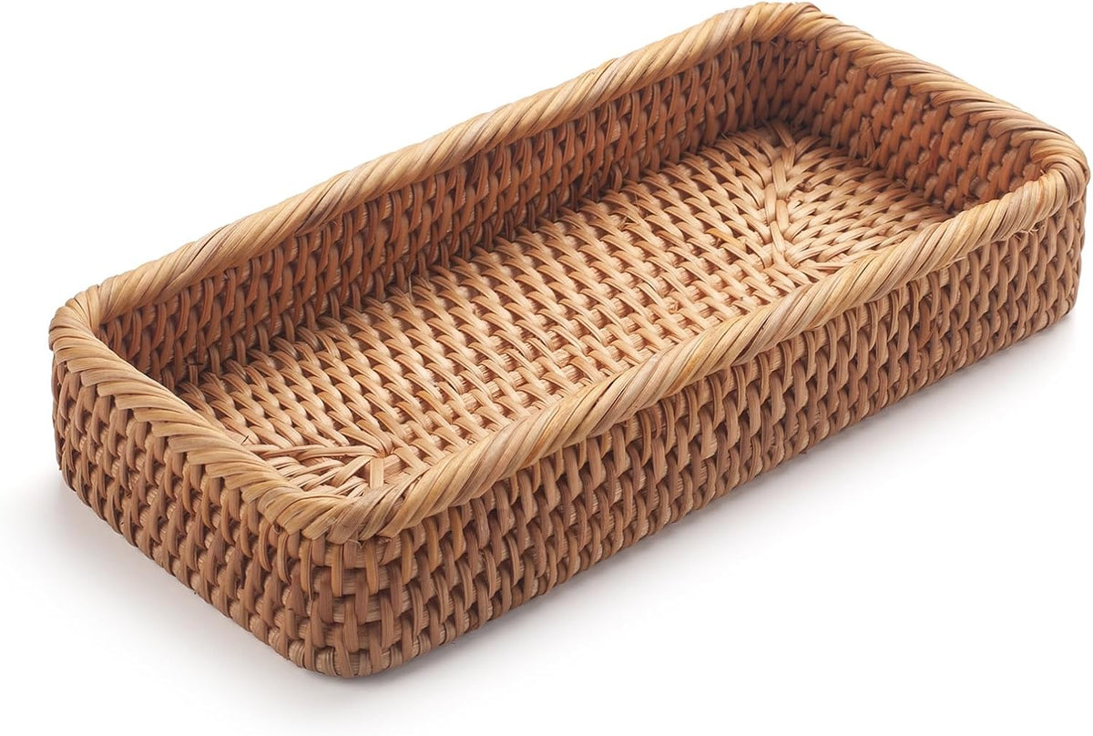 Rattan Bathroom Vanity Trays Toilet Tank Baskets Long Narrow Hand Towel Storage Basket for Storage, Decorative (Natural 10.2 x 4.9 x 1.6 inch)