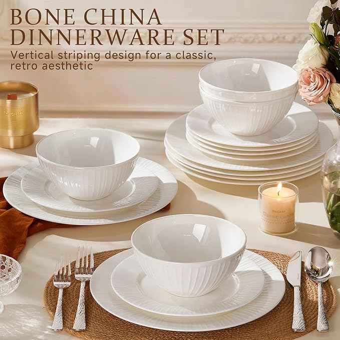KINGSTONE Bone China Dinnerware Set, 24-Piece White Lightweight Porcelain with Textured Design Service for 8, Plates, Bowls, for Family Dining, Restaurants, Gifting，Microwave and Dishwasher Safe