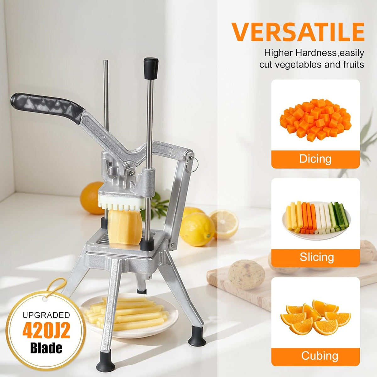 Commercial Vegetable Chopper, Heavy Duty Professional Fruit Dicer with 1/4" Replacement Blade, Stainless Steel French Fry Cutter, Fruit Slicer for Tomato Peppers Potato Mushroom
