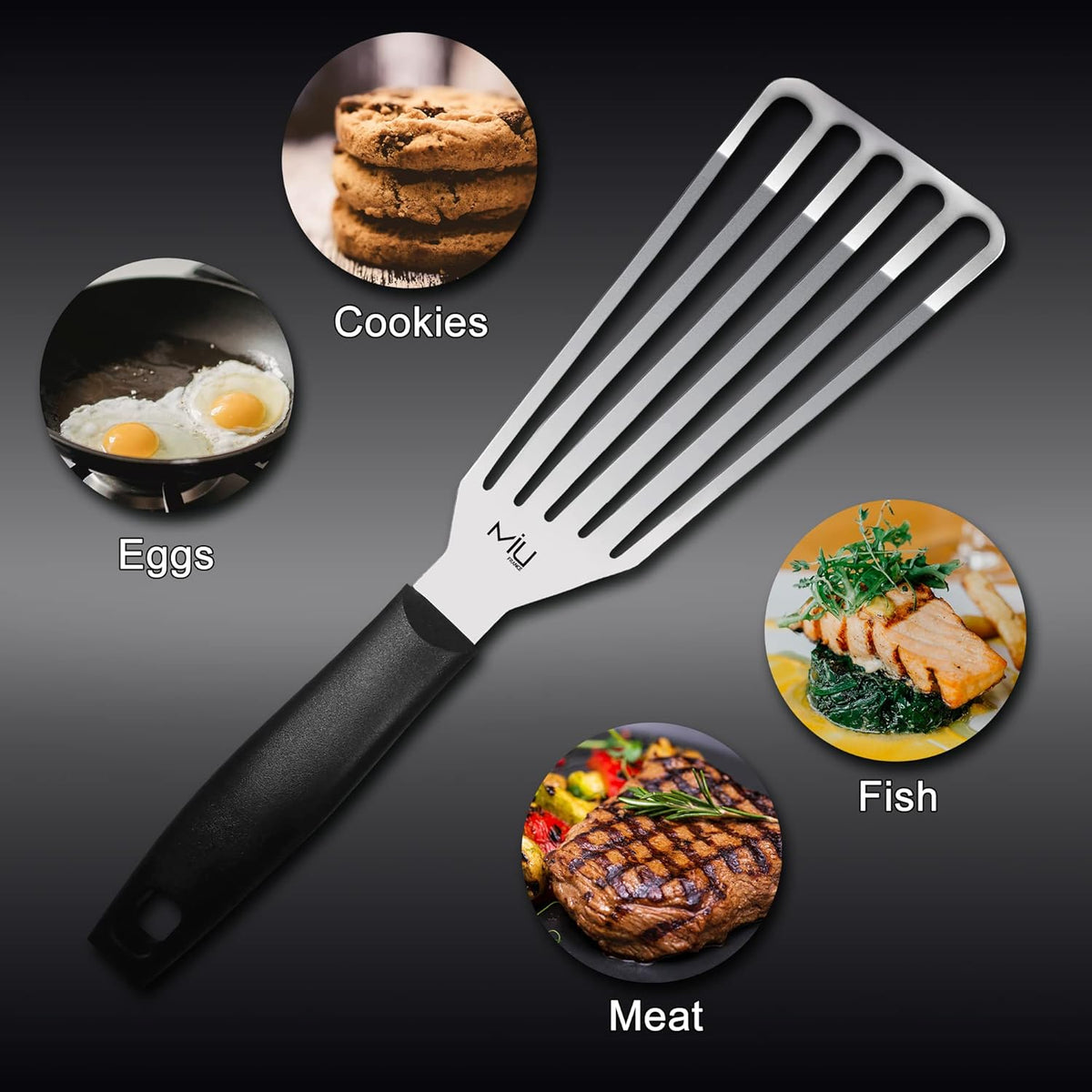 MIU Fish Spatula Stainless Steel, Slotted Flexible Metal, Lightweight Barbecue Turner, 6.5 inch Blade, Plastic Handle with Hole, Grilling Utensils
