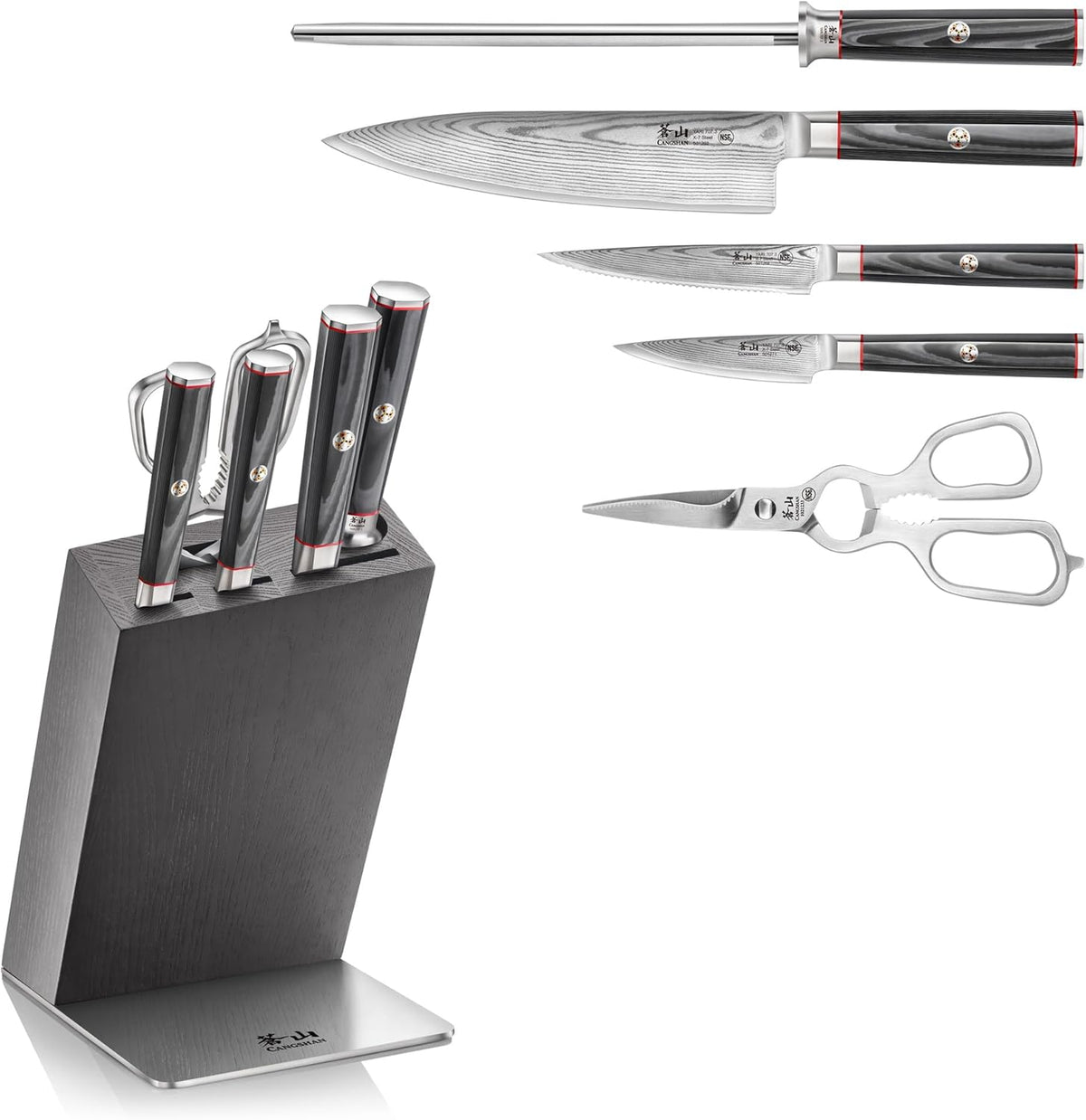 Cangshan YARI Series HUA Knife Block Set, X-7 Damascus Steel, Ash Wood Block (6-Piece)