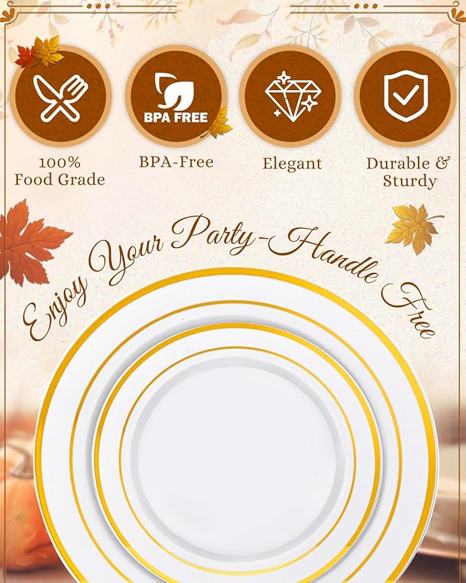 bUCLA 300PCS Gold Disposable Dinnerware Set - White and Gold Plastic Plates - Include 50 Each (Dinner&Dessert) Plates,50 Knives,50 Forks,50 Spoons,50 Cups for Party & Thanksgiving Table Decor