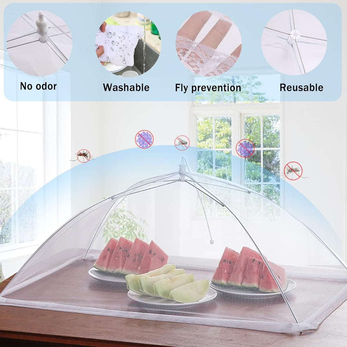 JULBEAR 4 Pcs Extra Large Mesh Food Cover Tent Umbrella Food Screen Covers for Outside Pop-up Mesh Reusable Food Nets for Parties Picnics Outdoor BBQs Collapsible (1 Pcs 40"x24", 3 Pcs 17"x17")