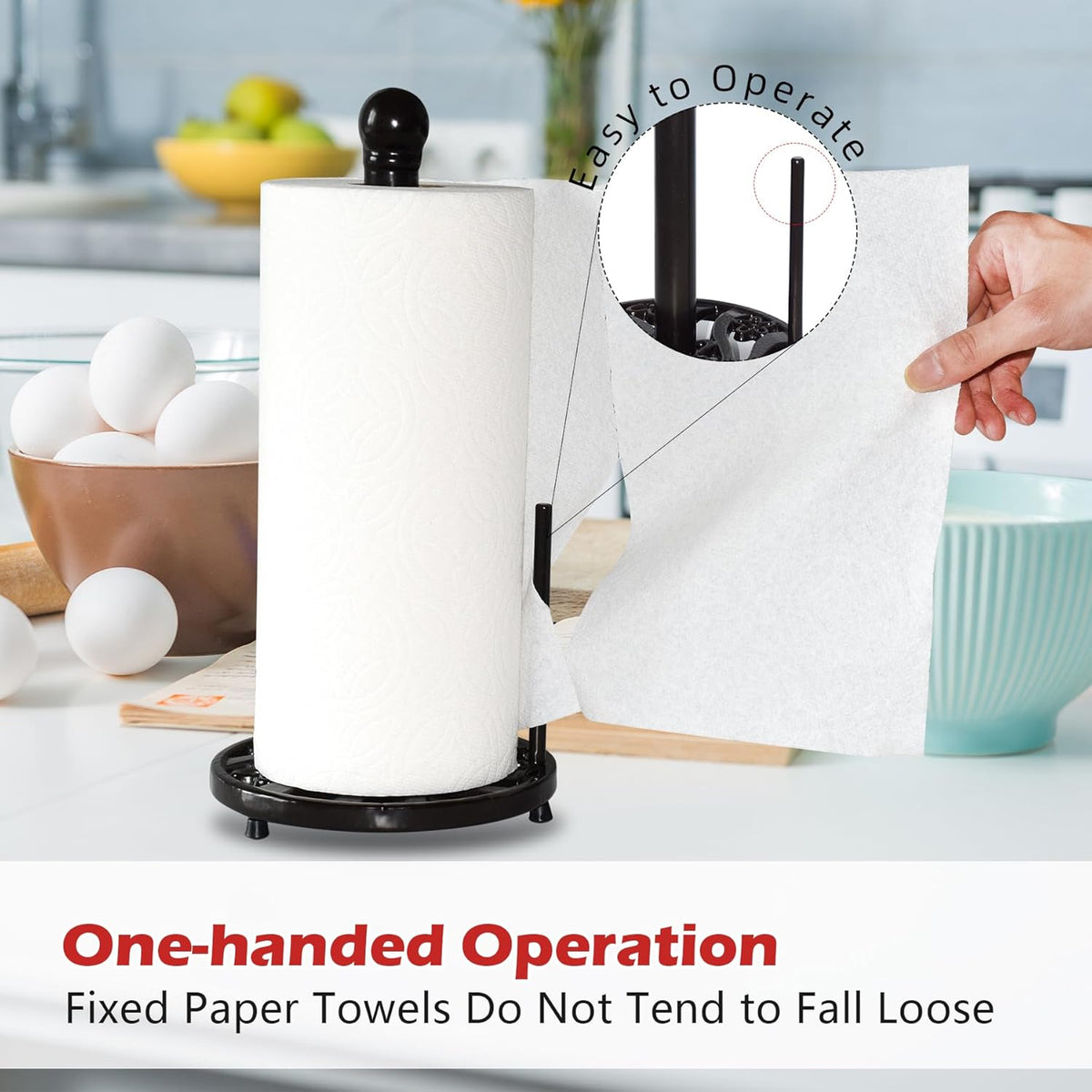 Vintage Paper Towel Holder Countertop - Cast Iron Standing Roll Paper Towel Dispenser with Elegant and Heavy Daffodil Pattern Base for Kitchen Décor, Black