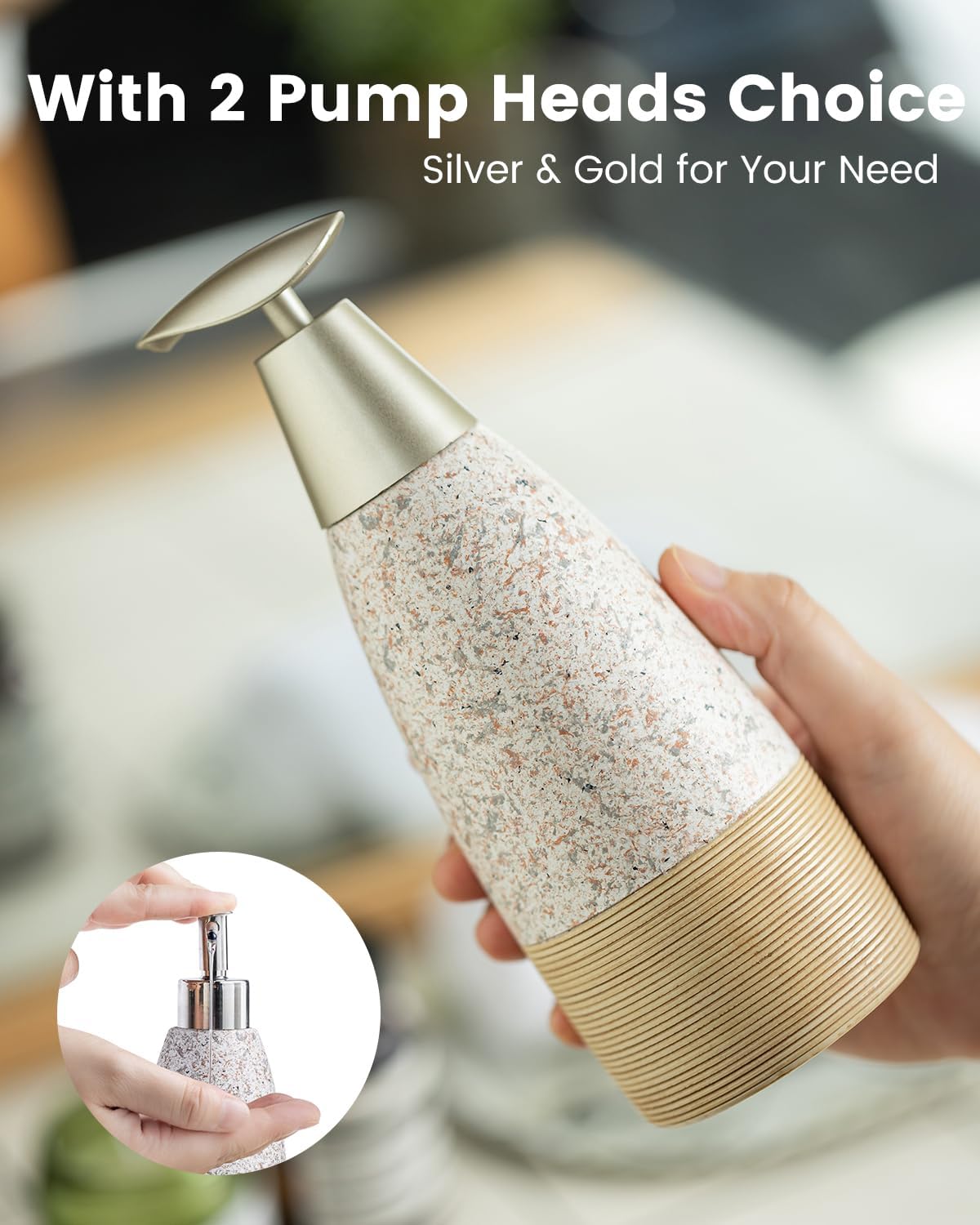 Soap Dispenser Set for Shower, Ceramic Refillable Soap Bottle for Shampoo, Conditioner, Bathroom & Kitchen, Includes Silicone Funnel, Plastic and Stainless Steel Pump, Granite Peach Blossom, 12 oz