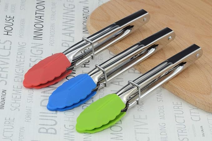 Mini Tongs with Silicone Tips 7-Inch Serving Tongs, Set of 3 (Green Red Blue)