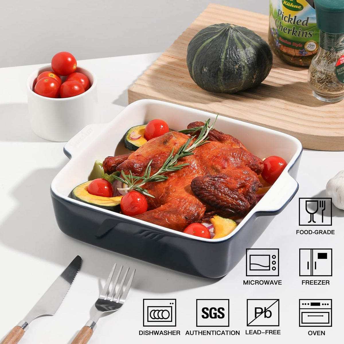 Sweejar Ceramic Baking Dish, 8 x 8 Cake Baking Pan for Brownie, Porcelain Square Bakeware with Double Handle for Casserole, Lasagna, Family Dinner (Navy)