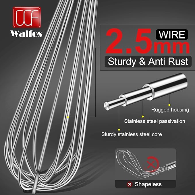 Walfos Whisk,17in Large Whisks, Heavy Duty Stainless Steel Wire Whisk Ideal For Beating Eggs, Blending Sauces, Mixing Batter.