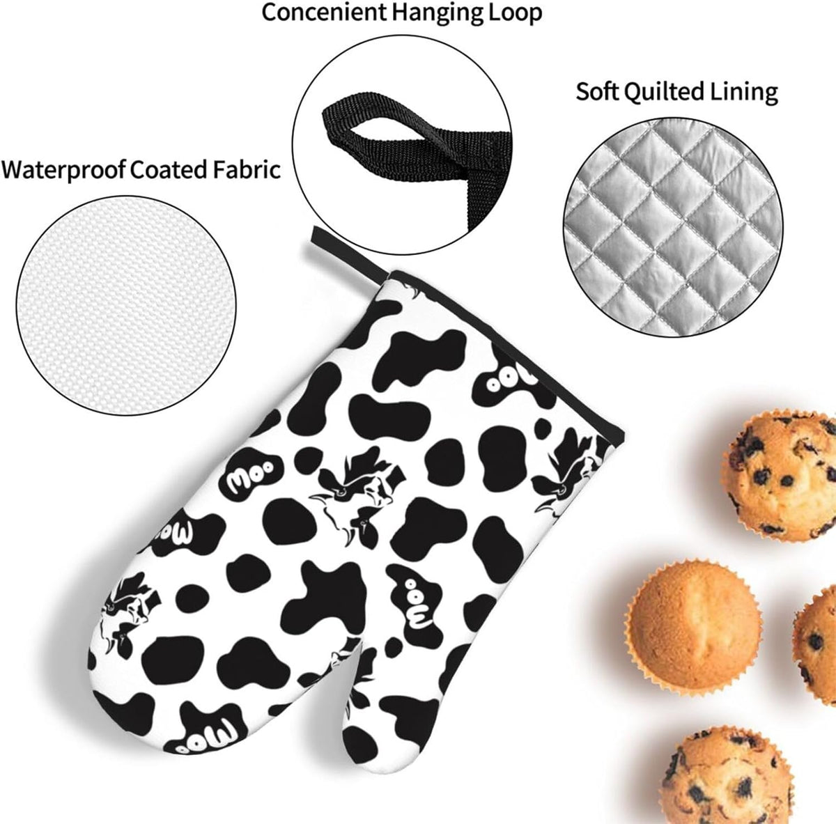 Cow Print Oven Mitts and Pot Holders Sets Heat Resistant for Kitchen BBQ Microwave Baking Grilling Cooks Set of 3 Black White Kitchen Oven Glove