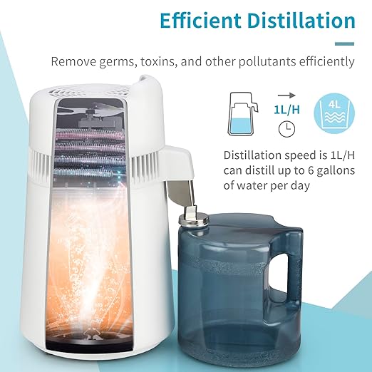 Bonnlo 1.6 Gallon/6L Water Distiller w/BPA-Free Container & All Stainless Steel Interior for Home Use, 900W Countertop Distilled Water Machine Maker Purifier Filter, Distilling Pure Water Maker