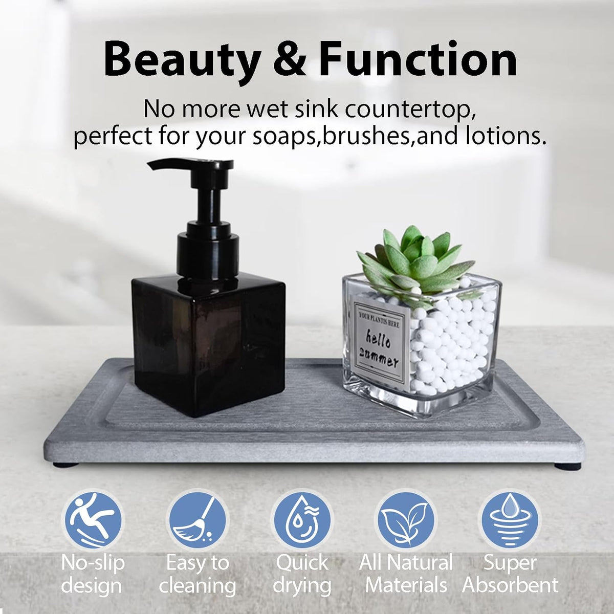 2 PCS Water Absorbing Stone Trays for Bathroom Sink & Kitchen Counter, Fast-Drying Diatomite Sink Coasters, Vanity Tray, Hand Soap Holder with Anti-Skid Pads (9.5" x 4.7" Gray)
