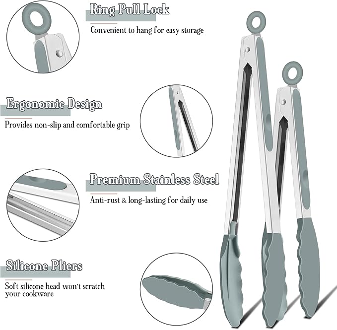 TeamFar Kitchen Tongs, 9" and 12" Stainless Steel Cooking Tongs with Silicone Tips for Cooking Grilling Serving & BBQ, Heat Resistant Silicone Tongs, Locking Design & Dishwasher Safe, Set of 2 & Grey