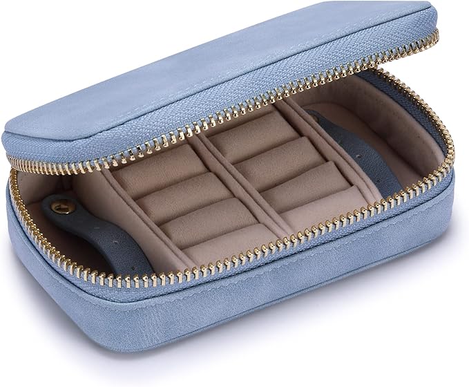 HISCOW Vegan Leather Travel Jewelry Case with Zipper - Portable Necklace & Earring Holder Organizer for Women Girls, Velvet-Lined Ring Box with Anti-Tarnish Design, Baby Blue