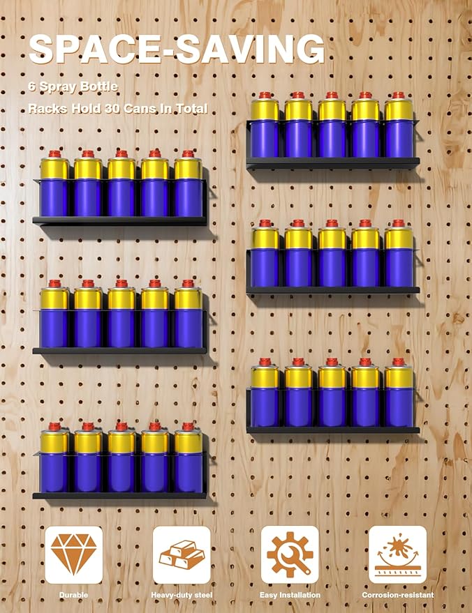 6 Pack Spray Can Holder Organizer, Wall-Mounted Steel Spray Bottle Rack, Tool Box Storage Rack, 5 Cans Metal Paint Can Organizer for Garage, Workspace, Shop, Home or Tool Trailer, Black