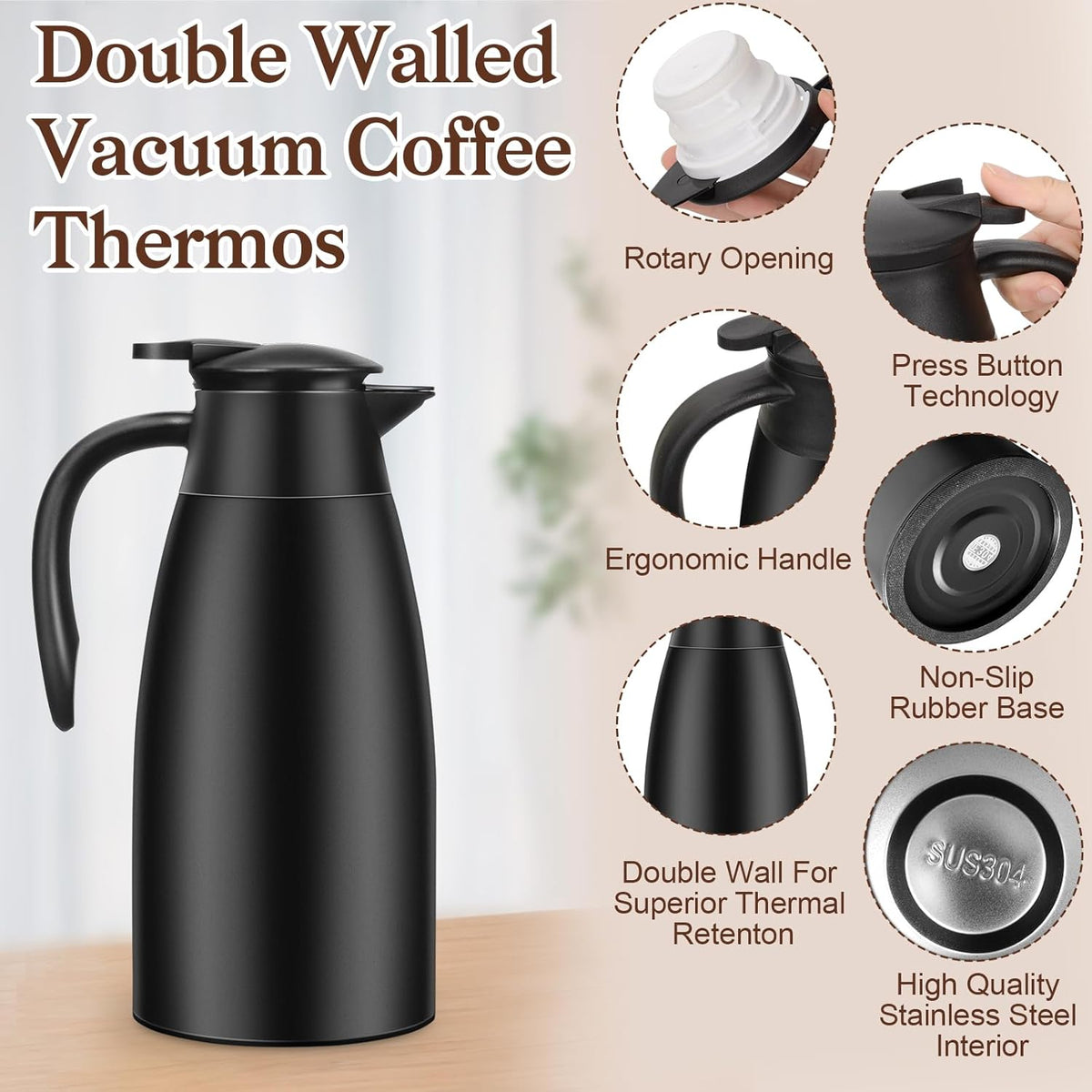 2 PCS 68 OZ Thermal Coffee Carafe, Insulated Stainless Steel Coffee Carafe Double Walled Vacuum Thermal Pot Flask with Brushes Thermos for Keeping Hot Coffee Tea Home and Office (Black)