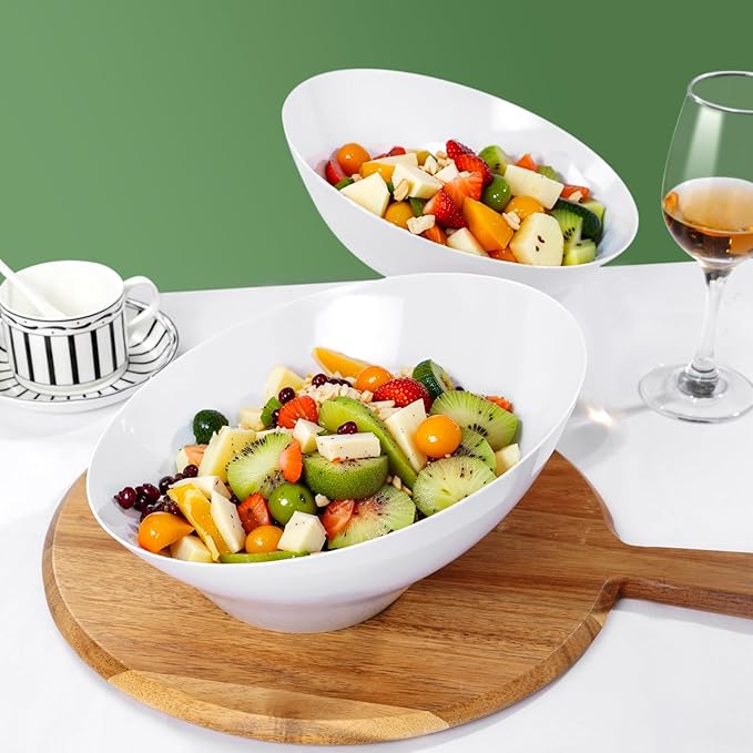 bUCLA 12 Pack White Plastic Serving Bowls - 54 OZ Angled Table Salad and Fruit Bowls Disposable for Chip&Candy - Ideal for Party & Wedding