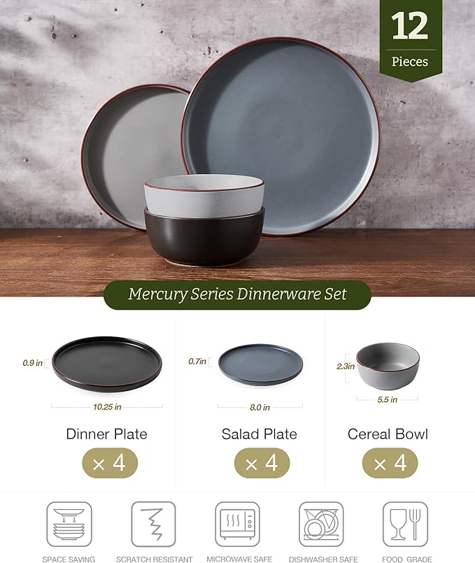 Famiware Mercury Plates and Bowls Sets, 12 Pieces Stoneware Dinnerware Sets, Dishes Set for 4, Microwave and Dishwasher Safe, Multi-color