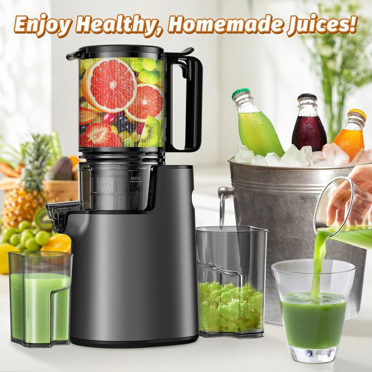 Cold Press Juicer, Juicer Machines with 5.4" Wide Feed Chute for Juice Extractor, Professional Slow Masticating Juicer for Whole Vegetables & Fruits with High Juice Yield, Easy to Clean (Black)