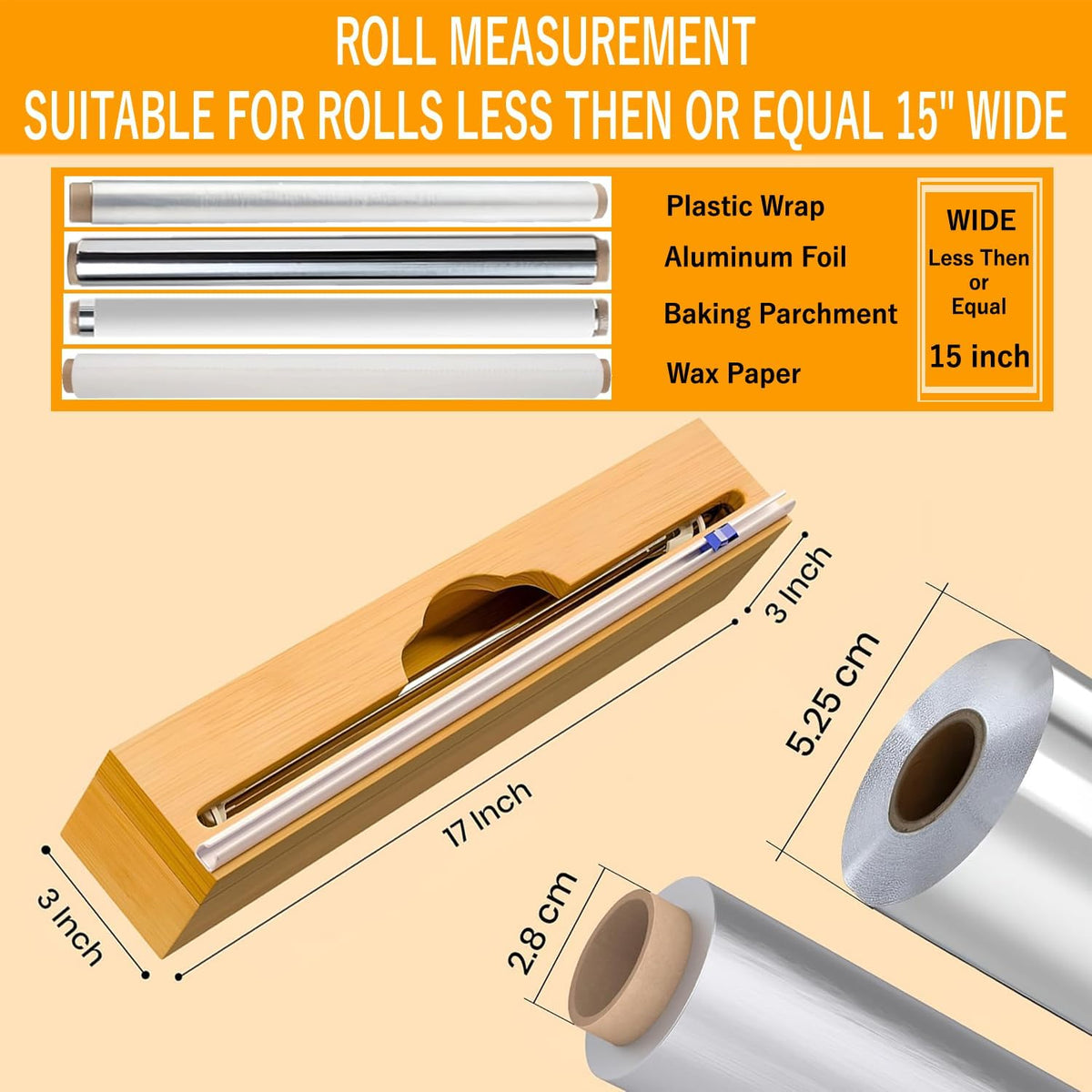 15'' Bamboo Plastic Wrap Dispenser with Cutter- Aluminum Foil Dispenser for Plastic Wrap, Parchment Paper Roll - Kitchen Wrap Dispenser with Cutter for Kitchen – Fits Up to 15'' Rolls