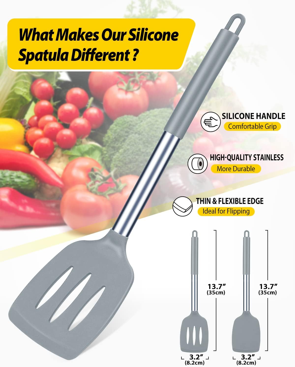 Pack of 2 Silicone Solid Turner, Non Stick Slotted Kitchen Spatulas, High Heat Resistant BPA Free Cooking Utensils, Ideal Cookware for Fish, Eggs, Pancakes(Gray)