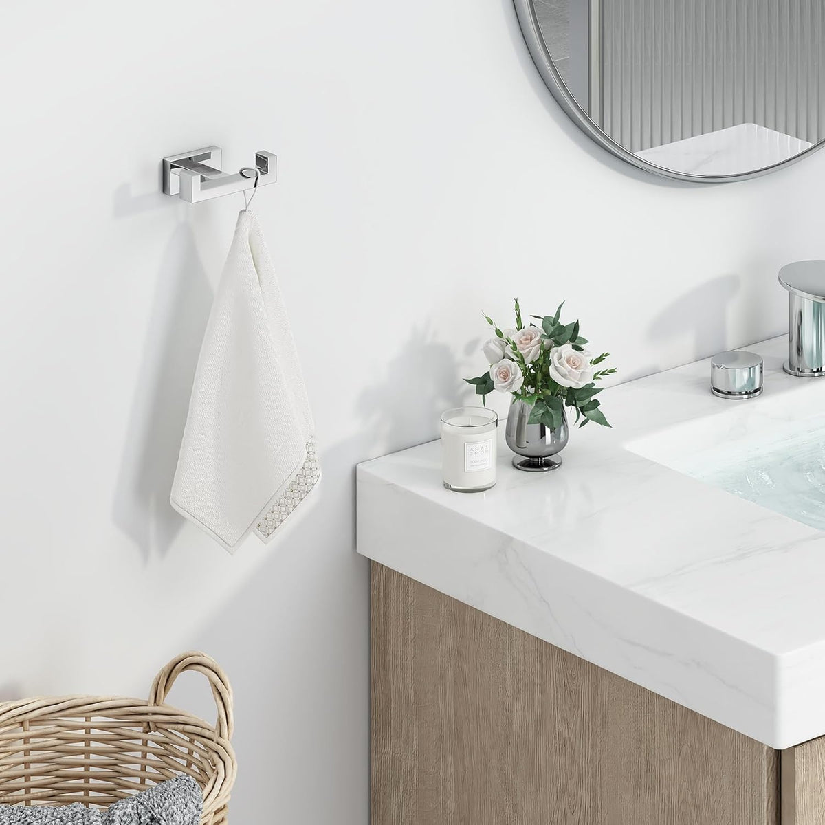 Suyar Double Towel Hook, SUS304 Stainless Steel Bathroom Hand Towel Holder, Bath Coat Robe Hanger Polished Chrome, Wall Mounted