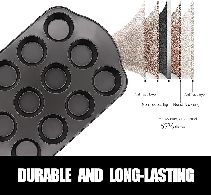 12+24 Muffin Pan Set (2 Pack) - Nonstick Cupcake Tins Dark Gray | Heavy Duty Carbon Steel, Rustproof, Oven Safe Baking Gift