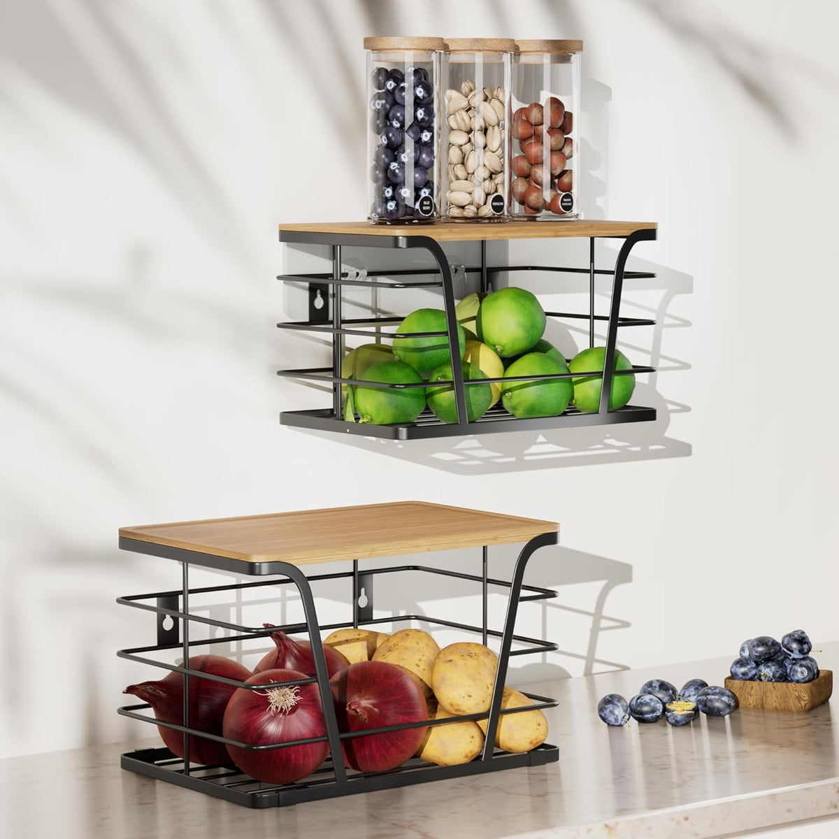 2 Pack Extra Large Pantry Storage Organizers, Pantry Baskets organization, Potato and Onion Storage Bin, Wall Mount Trash Bag Storage for 13-33 Gallon Bags with Bamboo Top, Black