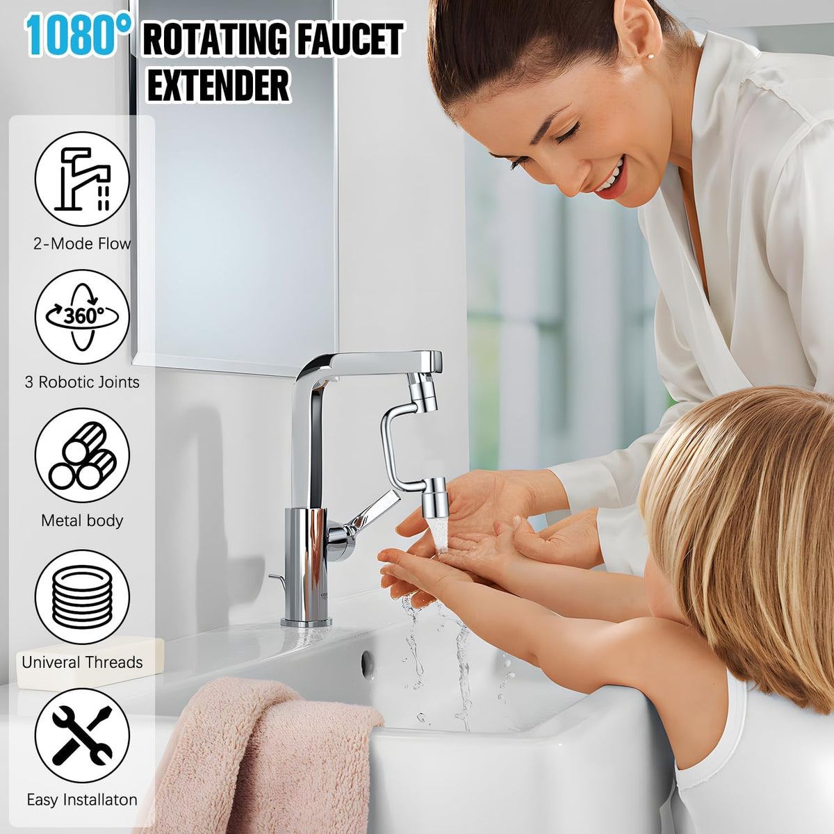 Universal Sink Faucet 1440° Rotatable Faucet Aerator Extension, U Shaped Faucet Extender for Toddlers 2 Modes Adjustable, Flexiflow 1080° Rotating Faucet Extender for Bathroom Sink/Kitchen(Silver)