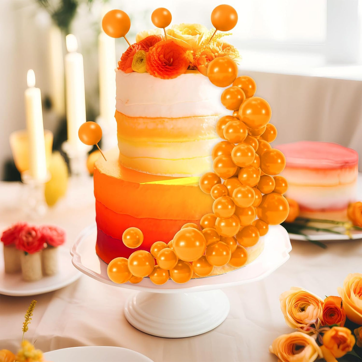 48 Pcs Orange Balls Cake Topper Decorations Balloon Cupcake Toppers Foam Cake Topper Balls for Thanksgiving Halloween Birthday Party Wedding Anniversary Cake Decorating