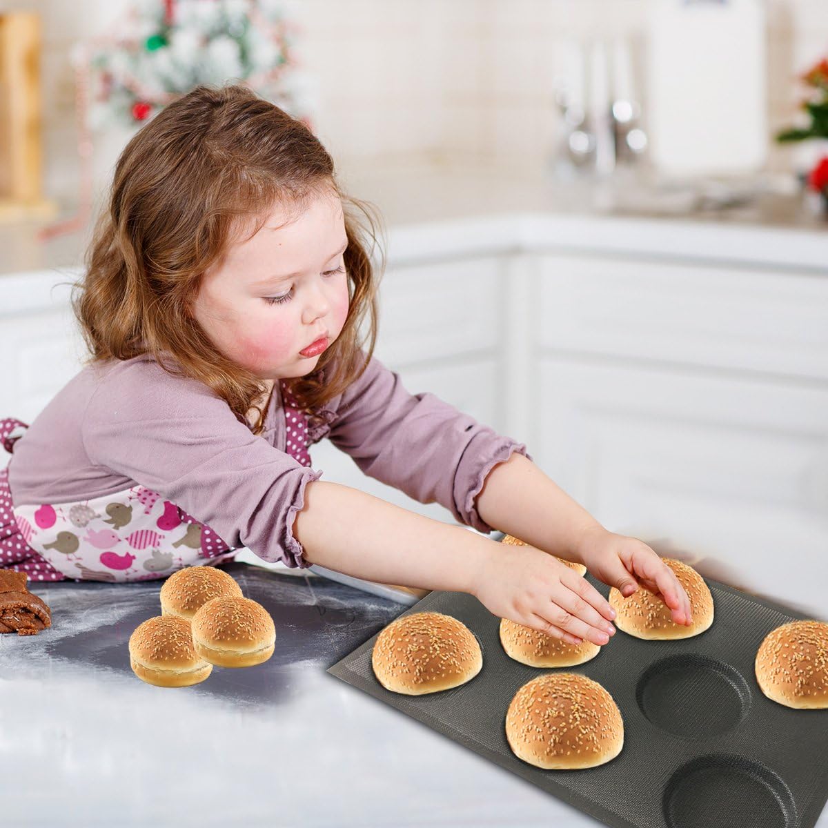 Bluedrop Silicone Hamburger Bread Forms Perforated Bakery Molds Non Stick Baking Sheets Fit Half Pan Size