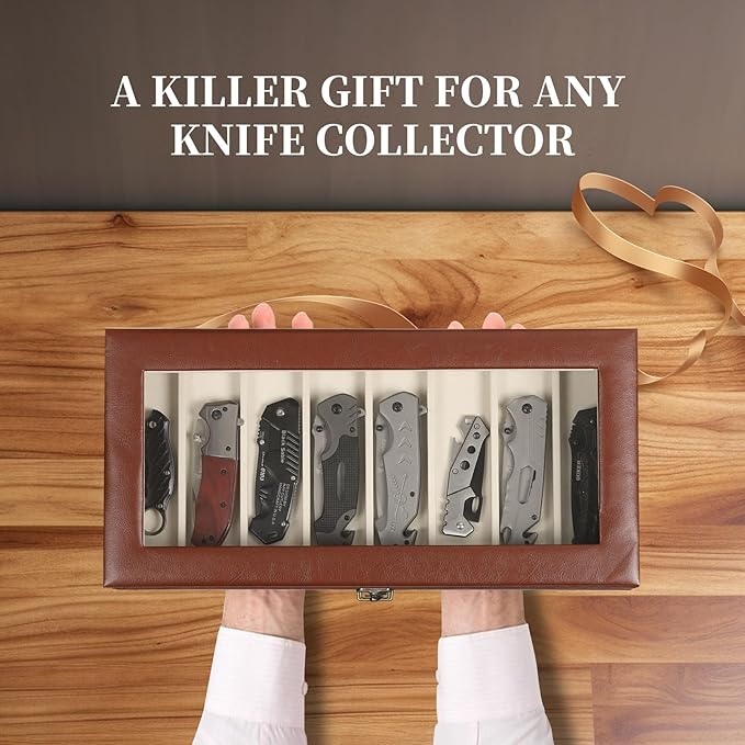 AUTOARK 3-Tier PU Leather & Velvet Knife Organizer with 26 Slots,Transparent Glass Top & Drawer,Compact Storage for Pocket Knives,Ideal for Men's Collections & Gifts,Brown,MKAW018