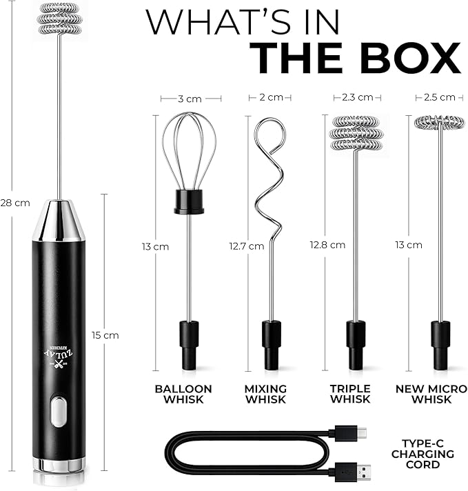 Zulay Kitchen Metal Rechargeable Milk Frother, 3 Whisk Attachments Handheld Frother Wand, 1800mAh USB-C Charging, Electric Drink Mixer for Protein, Matcha & Powders - One Charge Lasts up to 6 Months