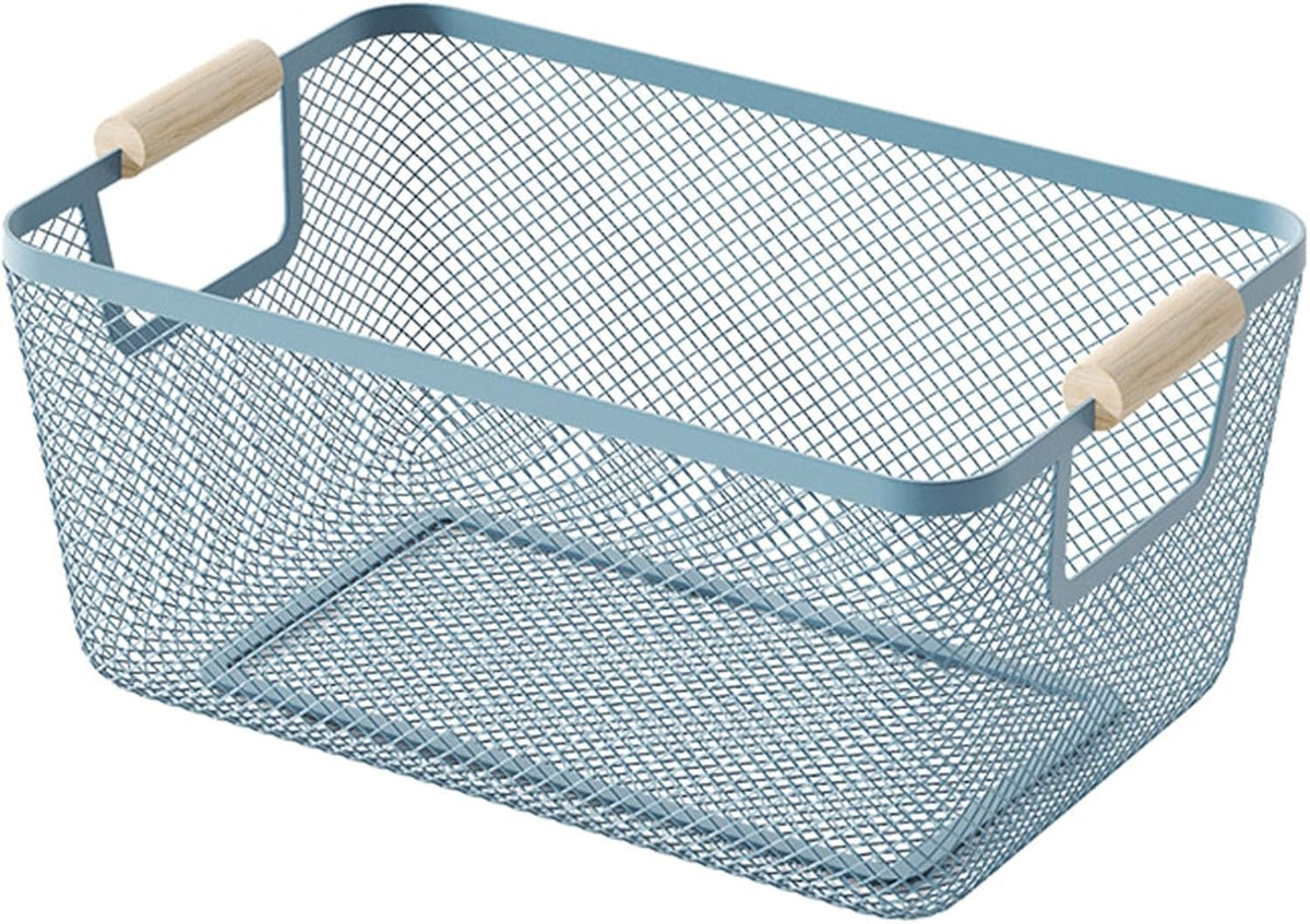 Metal Mesh Steel Basket, Medium Wire Storage Organizer Basket Multi-function Hanging Kitchen Basket with Wood Handle for Kitchen Bathroom Picnic Home, Rectangle-Blue